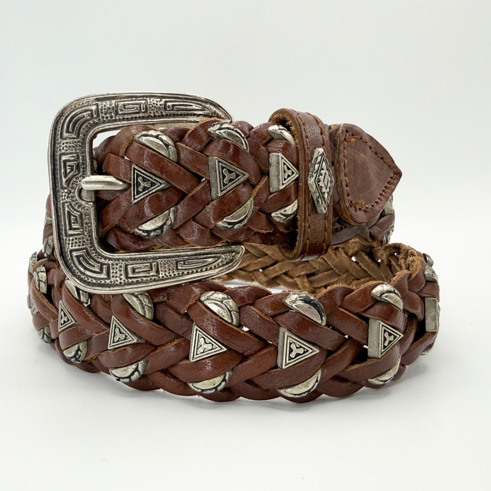 Vintage County Seat Brown Braided Leather Belt Silver Concho Charms Western 34in
